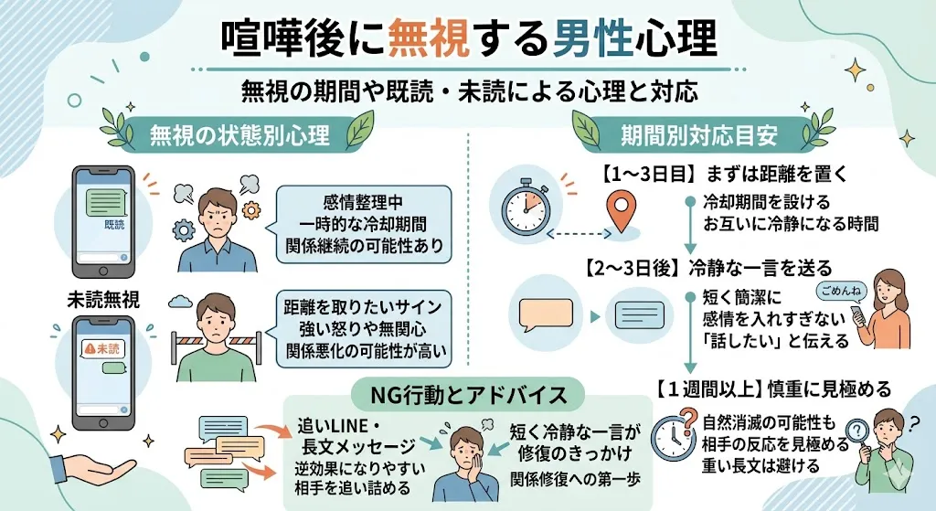 喧嘩後に無視する男性心理を解説する図｜既読無視と未読無視の違い・期間別の対処法・NG行動まとめ