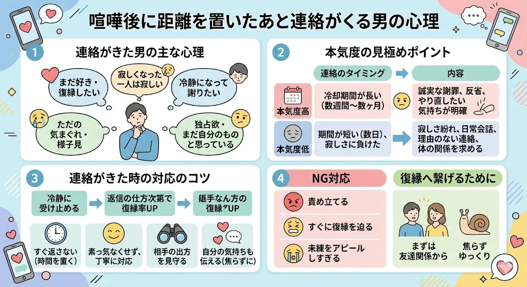 喧嘩後に距離を置いたあと連絡がくる男の心理と復縁サイン・対応方法の図解