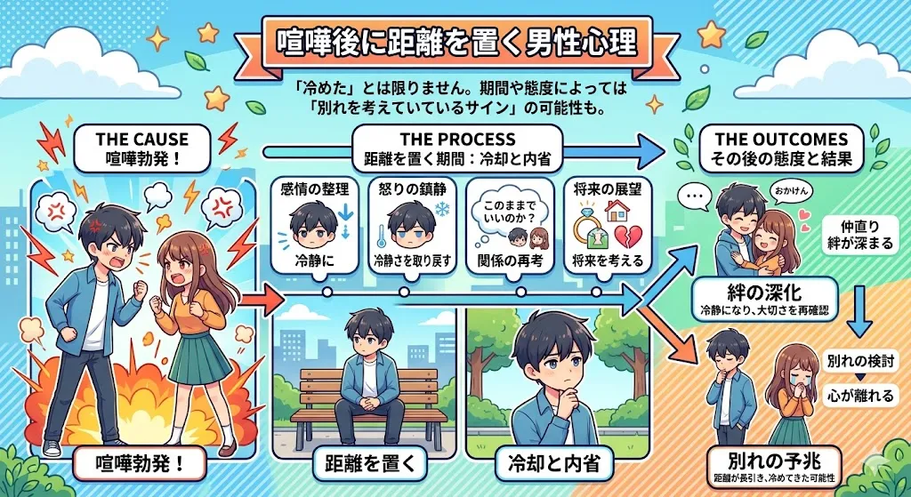 喧嘩後に距離を置く男性心理の流れを図解｜原因から冷却期間・結果までの変化