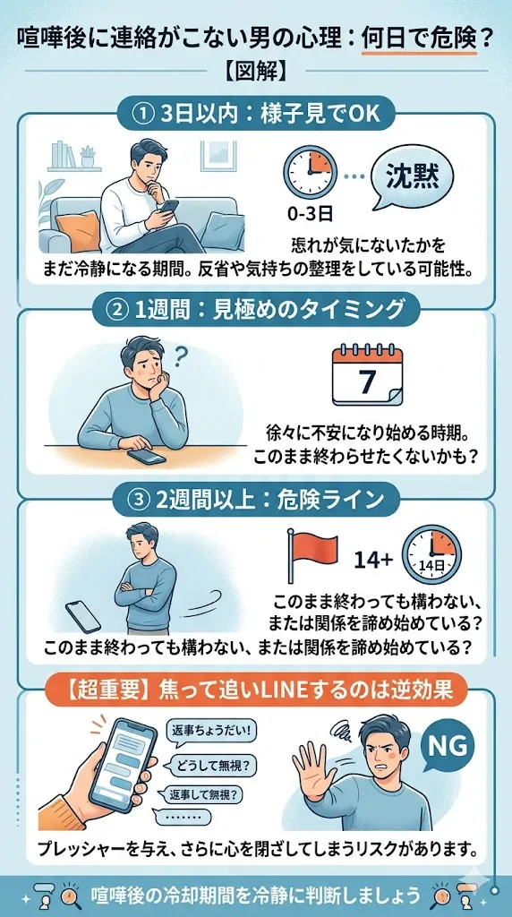 喧嘩後に連絡がこない男性心理を期間別に解説した図解（3日・1週間・2週間以上の危険ラインとNG行動）