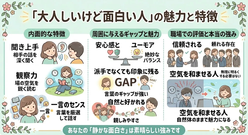 大人しいけど面白い人の特徴とは？好かれる理由・職場で評価される魅力を図解でわかりやすく解説