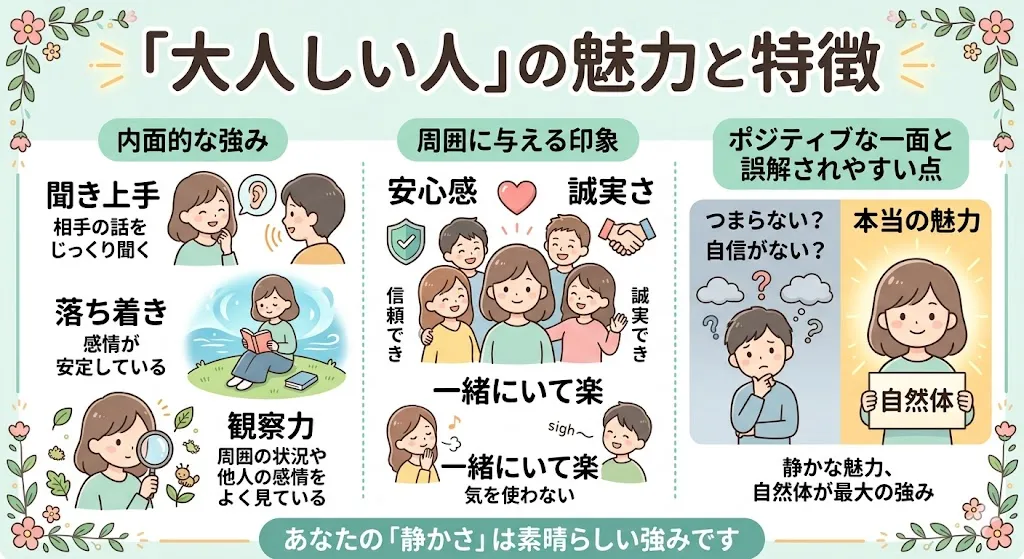 大人しい人の特徴・魅力・好かれる理由を図解で解説｜聞き上手・落ち着き・観察力・安心感・誠実さ・自然体の魅力