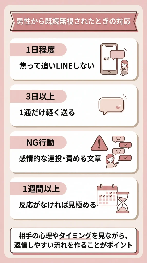 男性から既読無視されたときの正しい対処法を時系列でまとめた図解。1日待つ、3日後に1通だけ送る、NG行動、1週間以上で見極めるポイントを解説
