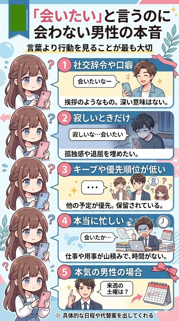 会う気ないのに会いたいと言う男の心理5選をわかりやすく図解