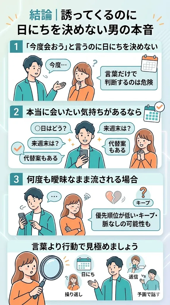 誘ってくるのに日にちを決めない男の心理と対処法をまとめた図解