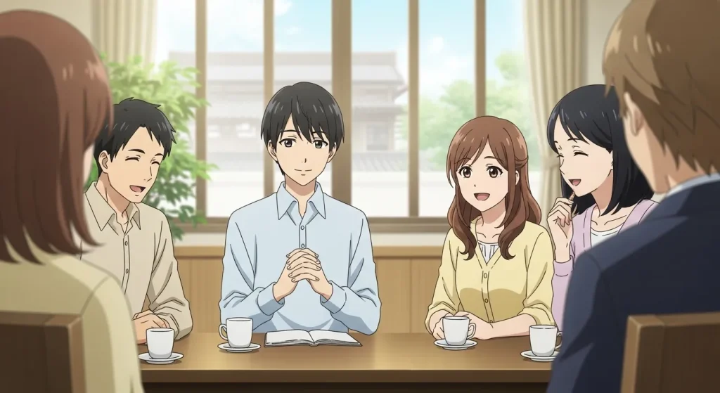 静かな人物を中心に周囲の人が笑顔で会話を楽しんでいるアニメイラスト