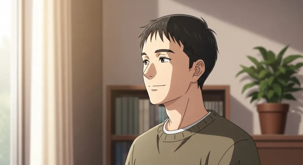 穏やかな表情で静かにたたずむ人物の内面の魅力を表したアニメイラスト