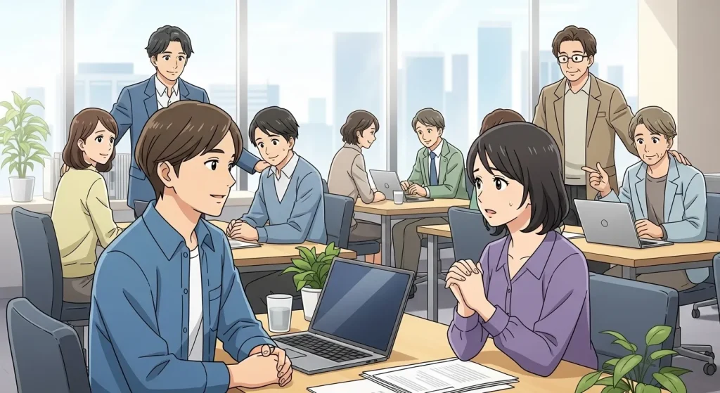 オフィスで落ち着いた人物が同僚と会話しながら周囲から信頼されているアニメイラスト