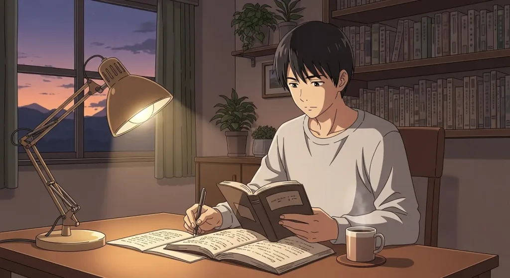 静かな人物が自宅の机で本を読みながらメモを取り自己成長に取り組んでいるアニメイラスト