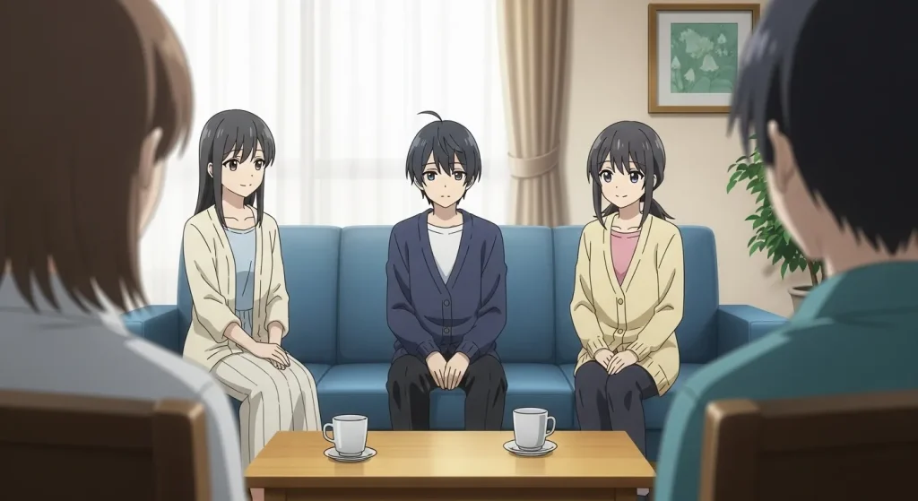 リビングで静かな人物が周囲の人と落ち着いて会話しているアニメイラスト