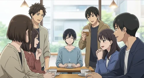 カフェで静かな人物を中心に複数人が自然に会話を楽しんでいるアニメイラスト