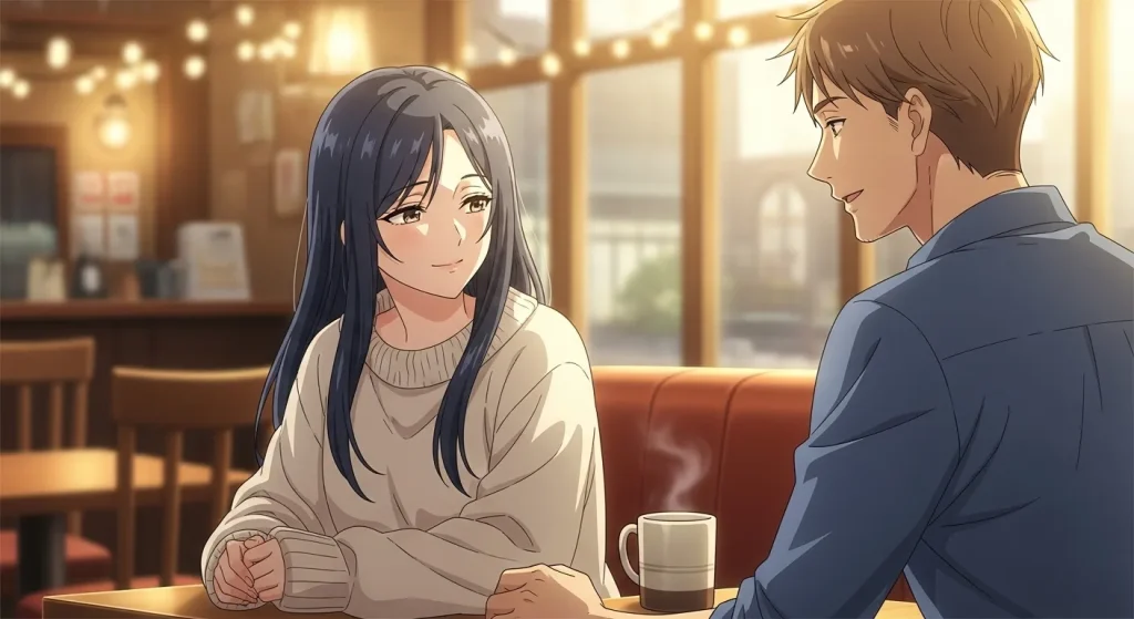 落ち着いた雰囲気の女性と男性がカフェで穏やかに会話をしているアニメイラスト。大人しいのに目立つ人が好かれる・モテる理由を表現したイメージ