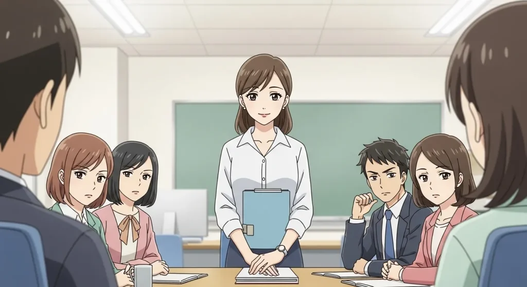 職場や学校で静かな女性が自然に目立ち、周囲の人が複雑な表情で見つめている様子を描いたアニメイラスト