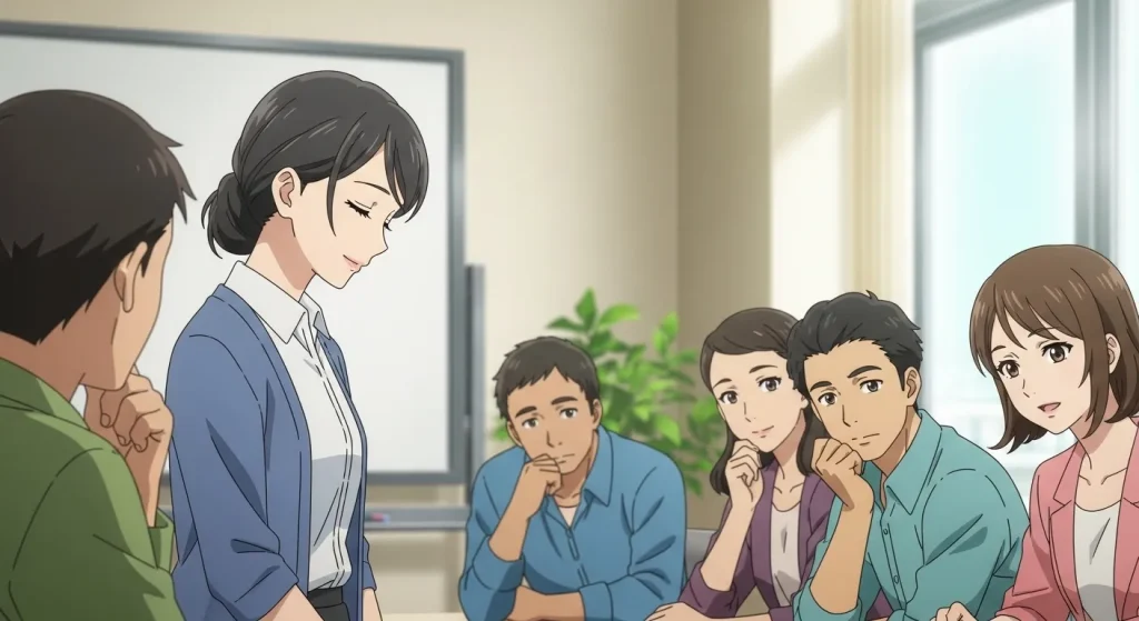 職場や学校で落ち着いた雰囲気の女性が静かに発言し、周囲の人が真剣に話を聞いているアニメイラスト。大人しいのに目立つ人が評価される様子