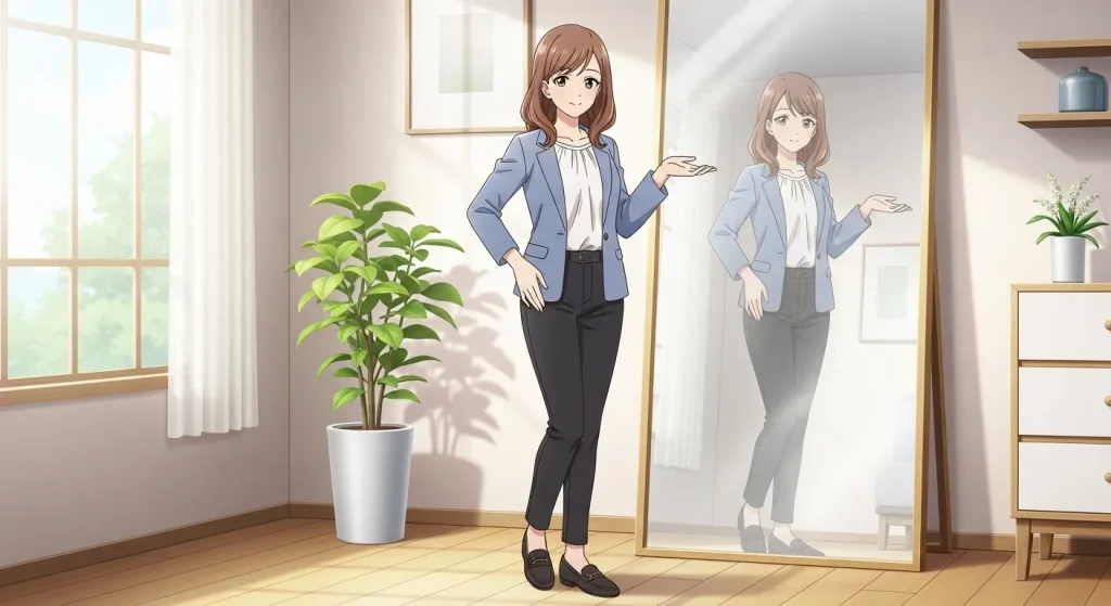 鏡の前で姿勢や身だしなみを整えながら自信のある立ち姿を確認している女性のアニメイラスト