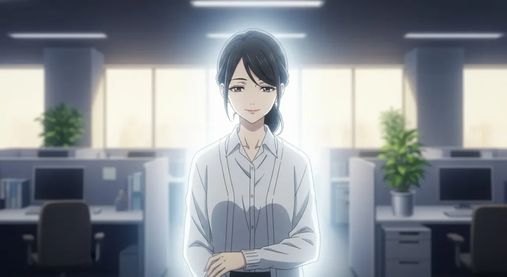 オフィスで静かな女性がやわらかな光に包まれ、自然な存在感とオーラを放っている様子のアニメイラスト