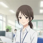 オフィスで落ち着いた雰囲気の女性が自然と周囲の注目を集めているアニメイラスト。大人しいのに目立つ人の特徴を表現したイメージ