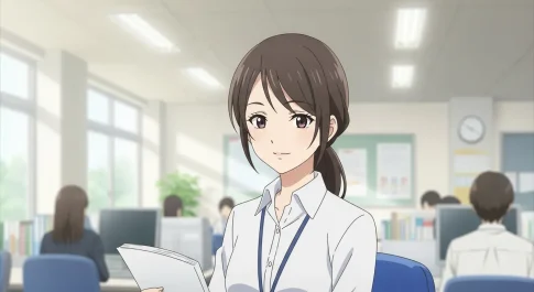 オフィスで落ち着いた雰囲気の女性が自然と周囲の注目を集めているアニメイラスト。大人しいのに目立つ人の特徴を表現したイメージ