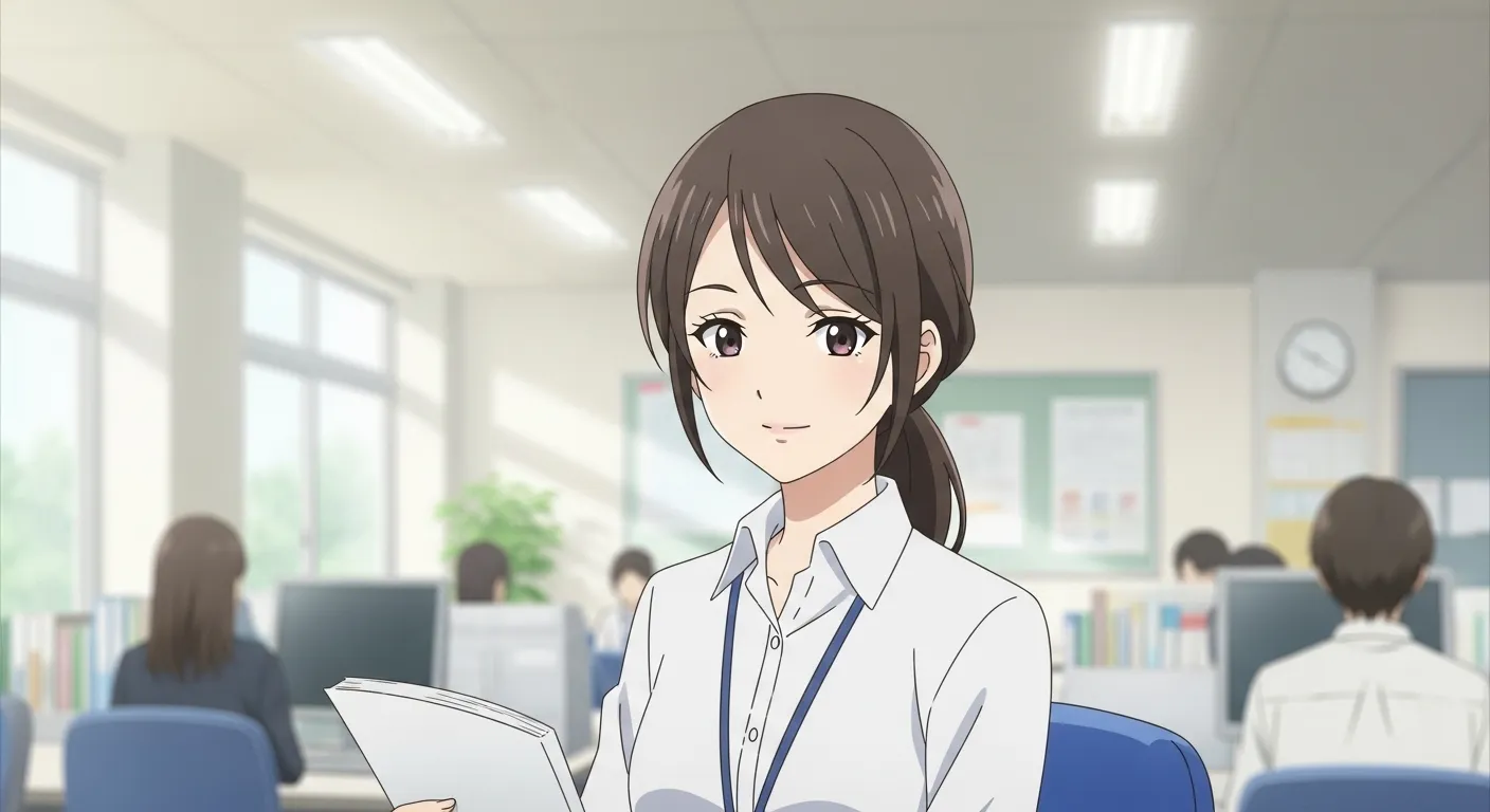 オフィスで落ち着いた雰囲気の女性が自然と周囲の注目を集めているアニメイラスト。大人しいのに目立つ人の特徴を表現したイメージ