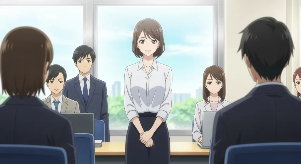 職場で静かな女性が自然な存在感を放ち、周囲から好印象を持たれている様子のアニメイラスト
