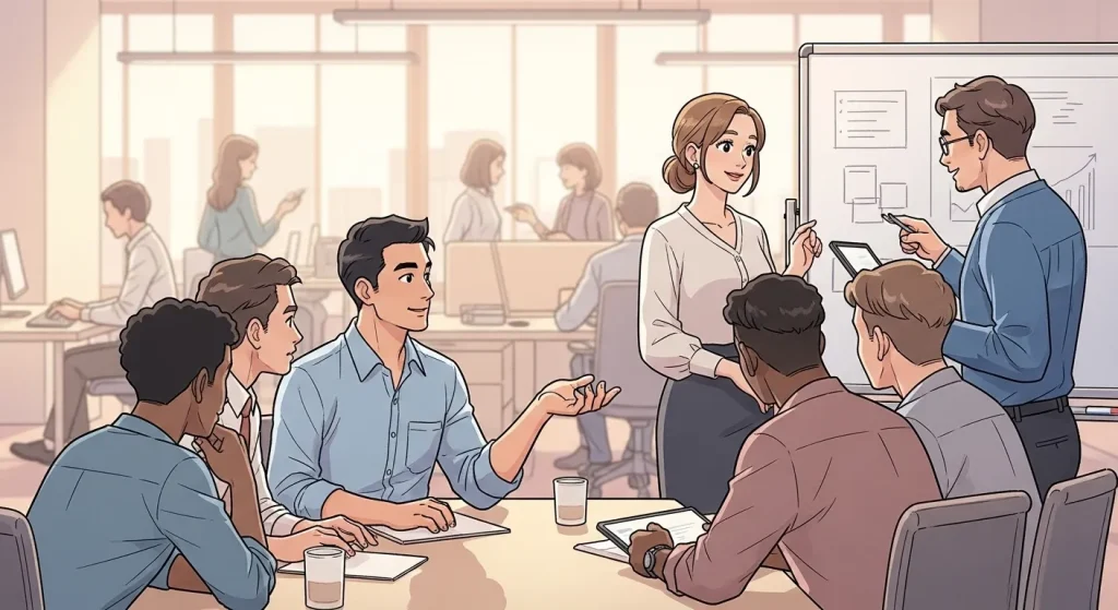 職場で男女が落ち着いて会話しながら打ち合わせをしているアニメイラスト。大人しい人が恋愛や職場で好かれる理由である安心感と信頼感を表現したイメージ