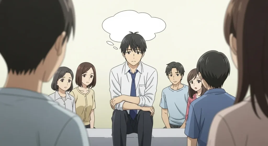 周囲に人がいる中で静かに考え込む男性のアニメイラスト。大人しい人が誤解されやすいポイントや何を考えているかわからないと思われる心理を表現したイメージ