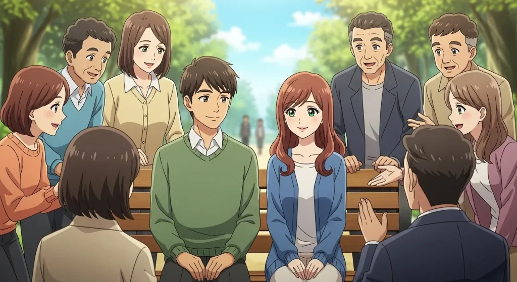 周囲の人たちに穏やかに囲まれている男女のアニメイラスト。大人しい人が魅力的に見える理由である安心感や自然体の魅力を表したイメージ