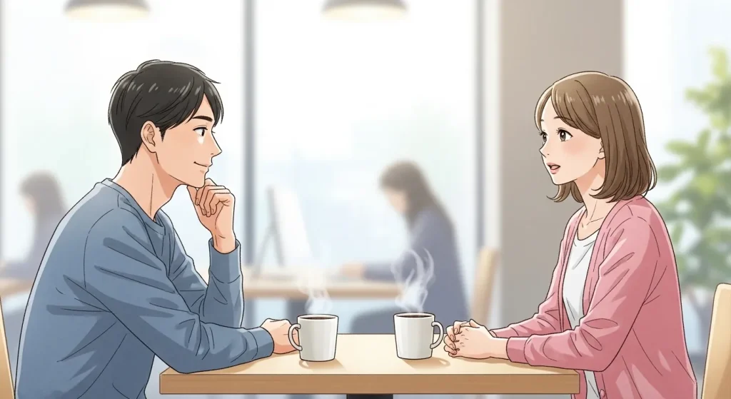 オフィスで落ち着いた男性と女性が静かに話しているアニメイラスト。大人しい人の基本的な特徴や穏やかな性格を表したイメージ