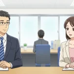 落ち着いた雰囲気の男女が向かい合って会話しているアニメイラスト。大人しい人の特徴である聞き上手・安心感・穏やかな性格を表現したイメージ