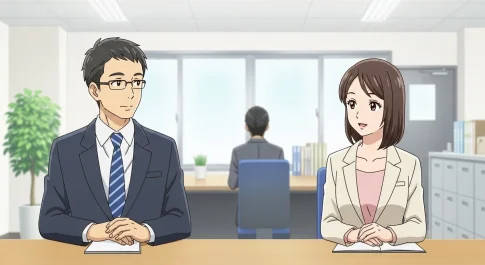 落ち着いた雰囲気の男女が向かい合って会話しているアニメイラスト。大人しい人の特徴である聞き上手・安心感・穏やかな性格を表現したイメージ