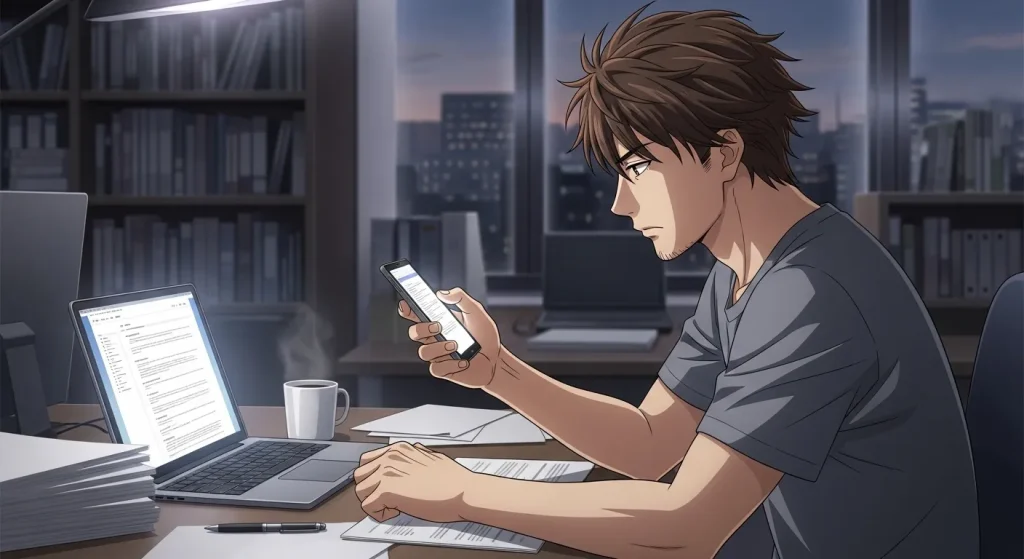 夜のオフィスで仕事をしながらスマートフォンを確認する男性のアニメイラスト