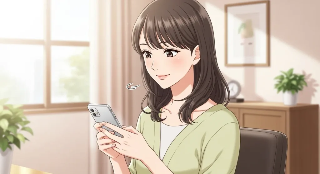 彼氏が予定を決めない悩みに対してスマートフォンで前向きに対応する女性のアニメイラスト