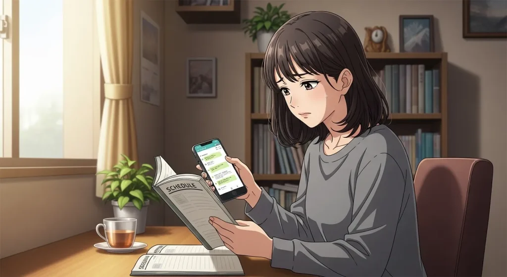 彼氏が予定を決めないことに悩みながらスマートフォンとスケジュール帳を見る女性のアニメイラスト