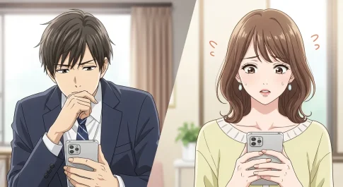 彼氏が予定を決めない理由に悩む女性と考え込む男性を描いたアニメイラスト