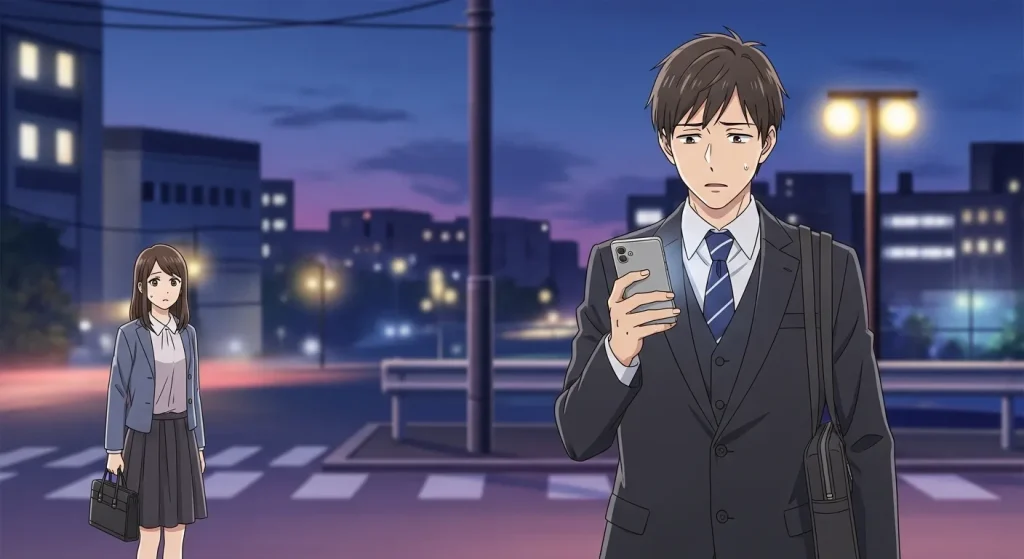 夜の街でスマートフォンを見ながら考え込む彼氏と距離を感じる女性のアニメイラスト