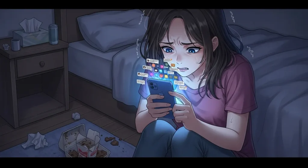 夜の部屋でスマートフォンを何度も確認しながら不安と焦りを感じる女性のアニメイラスト