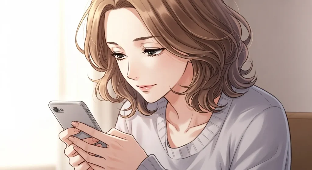 既読無視された相手に送るLINE例文を考えながらスマートフォンを見る女性のアニメイラスト