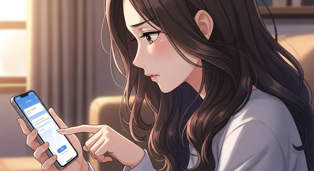 既読無視された後に追いLINEを送るタイミングを見極めながらスマートフォンを操作する女性のアニメイラスト