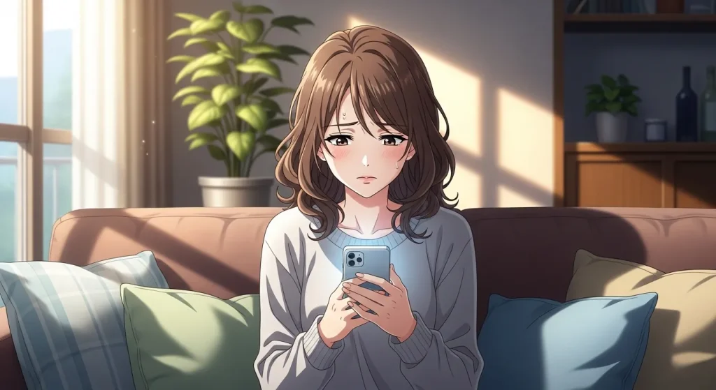 ソファに座りスマートフォンを見ながら既読無視に不安を感じる女性のアニメイラスト