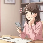 机でスマートフォンを見ながら追いLINEのタイミングを考える女性のアニメイラスト
