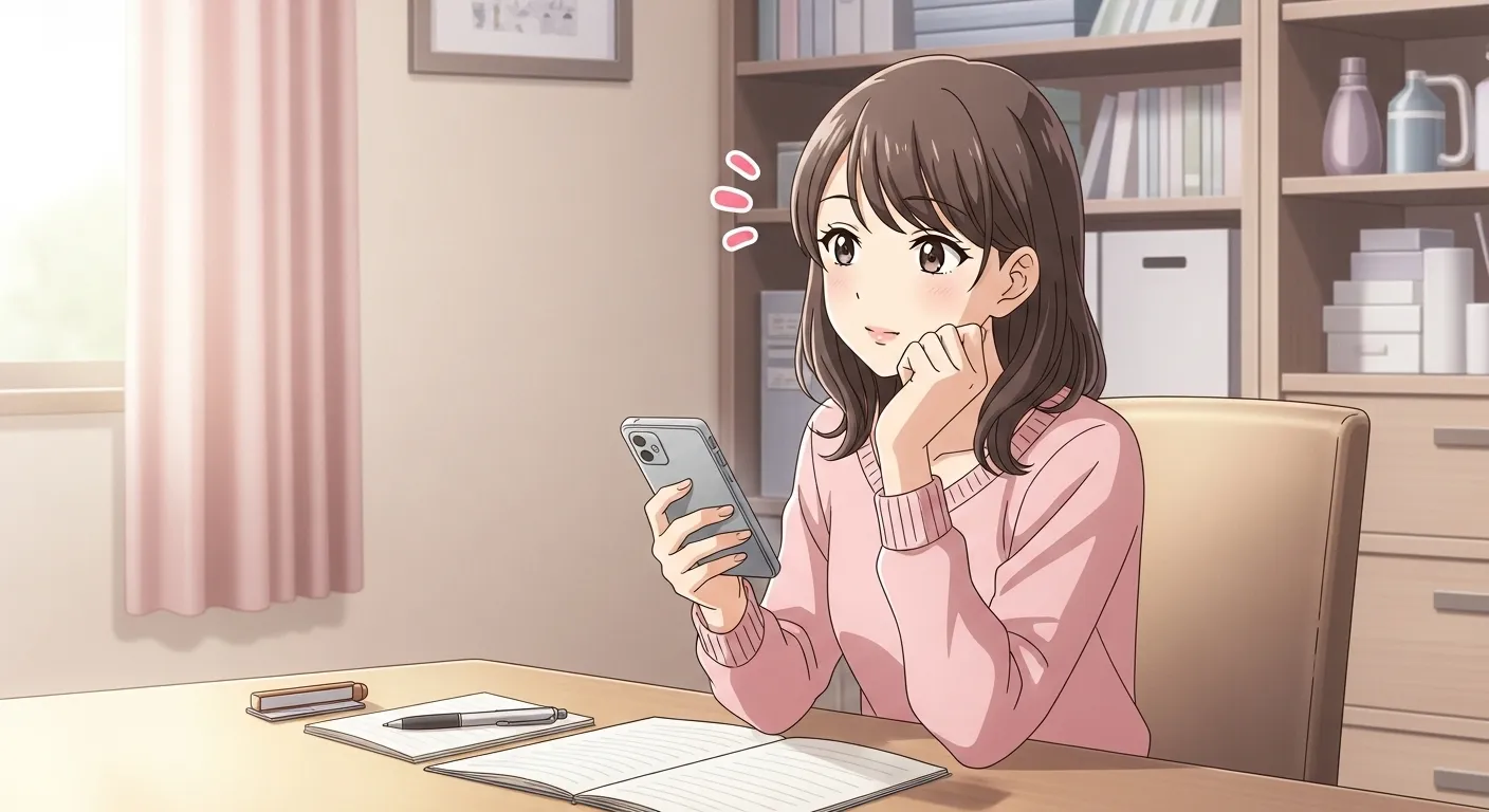 机でスマートフォンを見ながら追いLINEのタイミングを考える女性のアニメイラスト