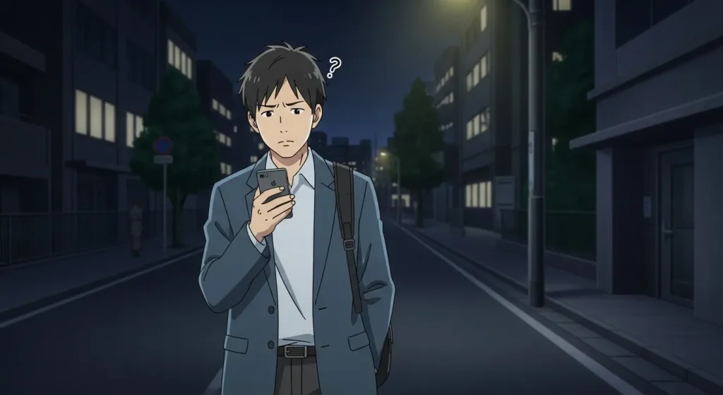 夜道を歩きながらスマートフォンを見て考え込む男性のアニメイラスト。既読無視する男の冷めた心理や本音を表現したイメージ画像