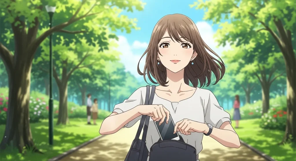 公園を前向きに歩きながらスマートフォンをバッグにしまう女性のアニメイラスト。既読無視されたときの正しい対処法と気持ちの切り替えを表した画像