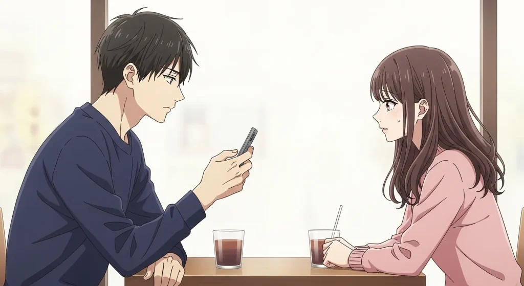 向かい合って座る男女のアニメイラスト。男性の態度や表情の変化から既読無視の脈なしサインを見極めるイメージ画像