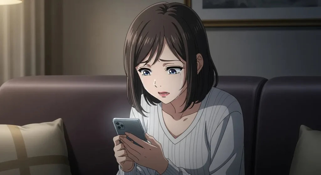 既読無視されたスマートフォンを見て涙ぐむ女性のアニメイラスト。相手に冷められたか不安になる恋愛心理を表現した画像