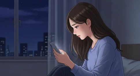 夜の部屋でスマートフォンを見つめながら既読無視に悩む女性のアニメイラスト。脈なしサインと諦めるタイミングを考えるイメージ