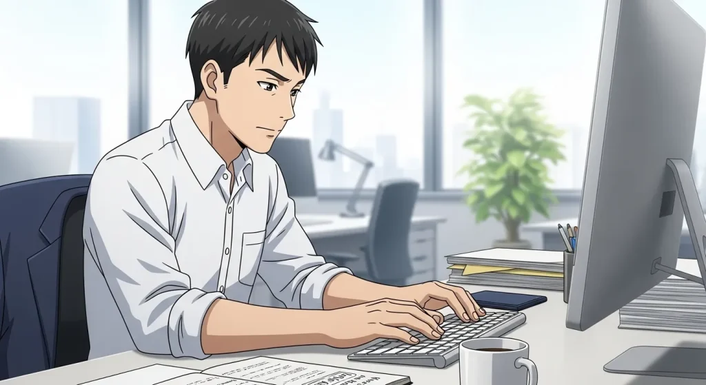 オフィスでパソコン作業に集中する男性のアニメイラスト。既読無視でも冷めたとは限らず、仕事で忙しく返信できない状況を表した画像