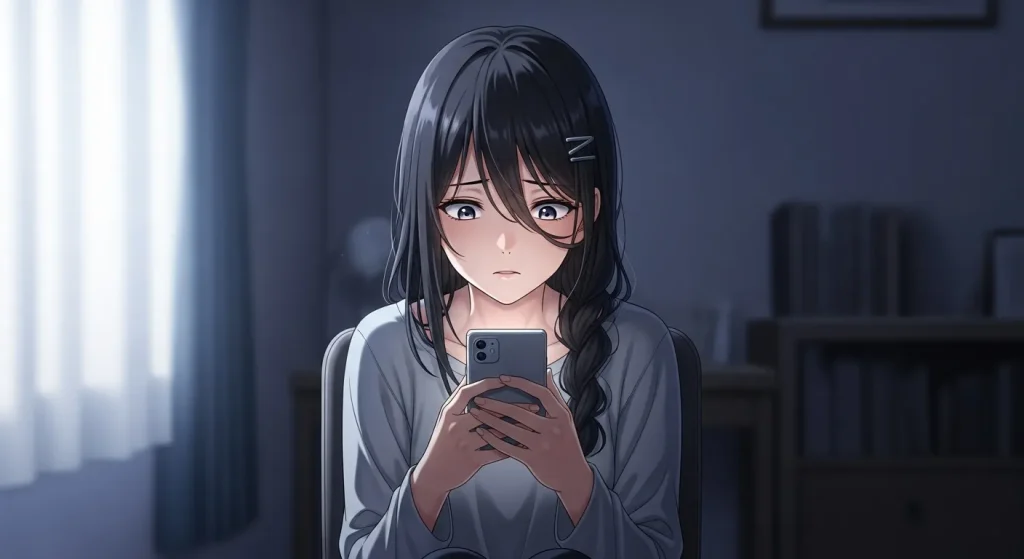 喧嘩後にスマホを見て不安になる女性のイラスト｜既読無視や未読無視に悩む心理