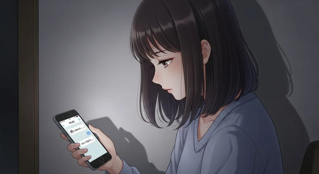 喧嘩後に返信が来ず不安になる女性の様子（冷めたサインのイメージ）