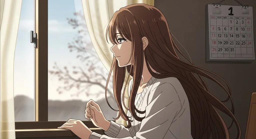 喧嘩後に彼の気持ちが戻るのを待ちながら考える女性の様子